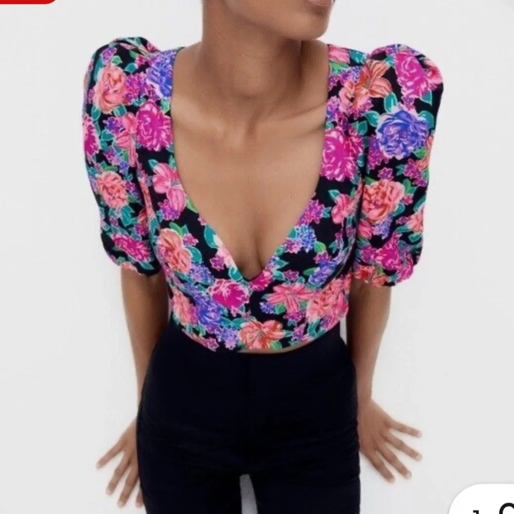 Zara Floral Puff Sleeve Crop Top Blouse - Picture 14 of 14